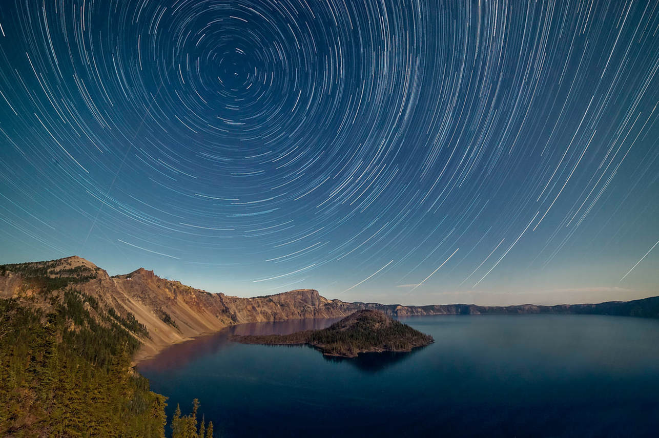 Star trails circling above Crater Lake